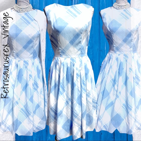 Vintage 1950’s Blue & White Plaid Sleeveless Circle Skirt Dress, Dress de Ville - Picture 4 of 8